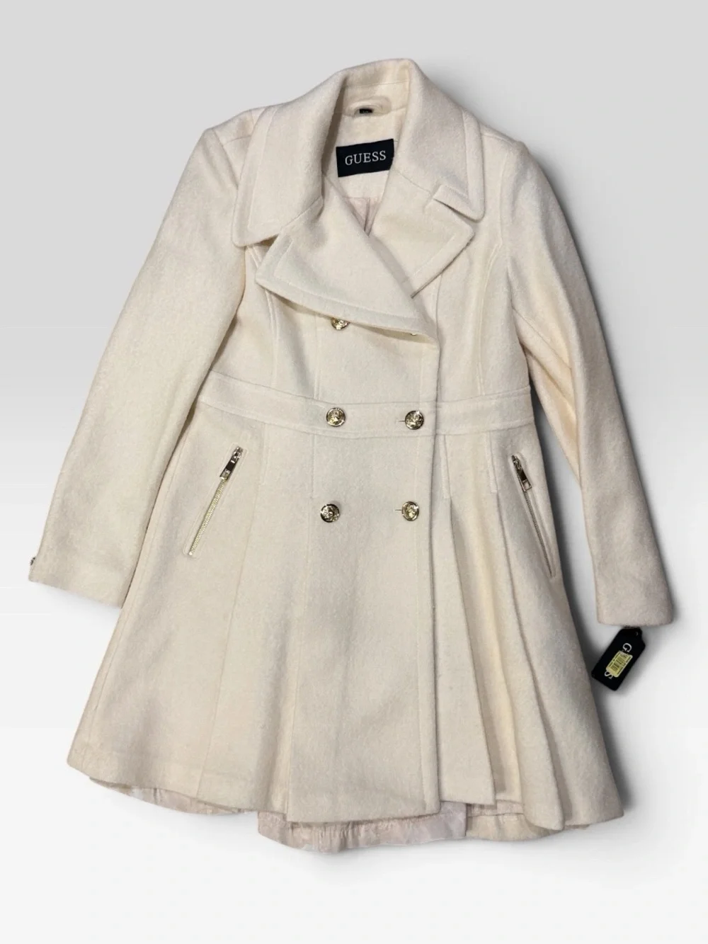 GUESS White Double-Breasted Wool-Blend Fit &  Peacoat Trench Jacket Large NWT